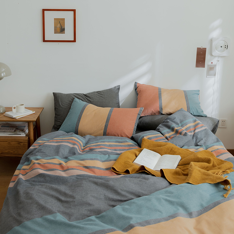 Washed Cotton Striped Comforter Multi- Color Bedding Set