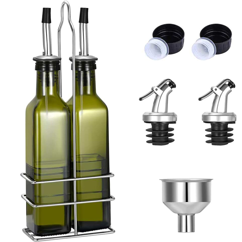 17 Oz Green Glass Olive Oil Dispenser Bottle 500 Ml Oil & Vinegar Cruet with Pourers and Funnel Olive Oil Carafe Decanter