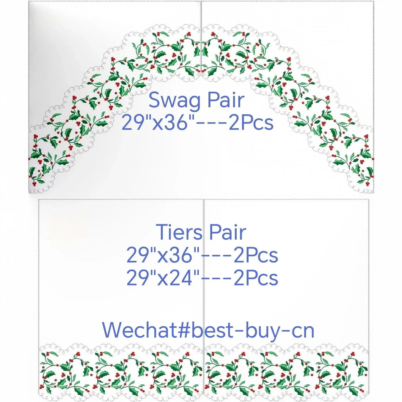 Customized Draft Holly Berry Embroidered Christmas Kitchen Curtain for Christmas Party