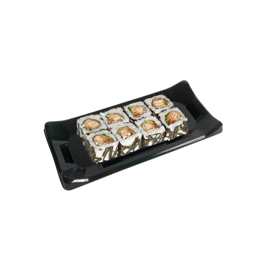 Manluen Supplier Wholesale One Time Use Black Takeaway Sushi Boat Shape Dispsoable Plastic Food Packaging