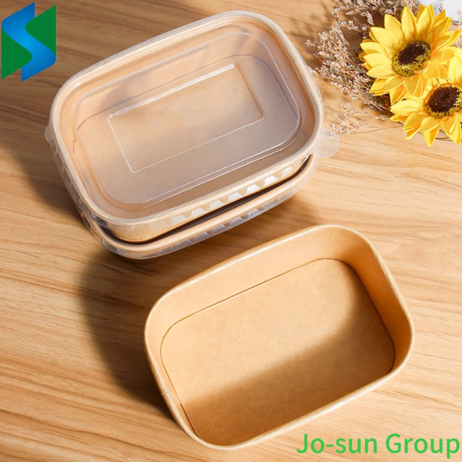 Jo-Sun Disposable Natural Printed Rectangle Take Away Kraft Paper Soup Salad Bowl with Lid