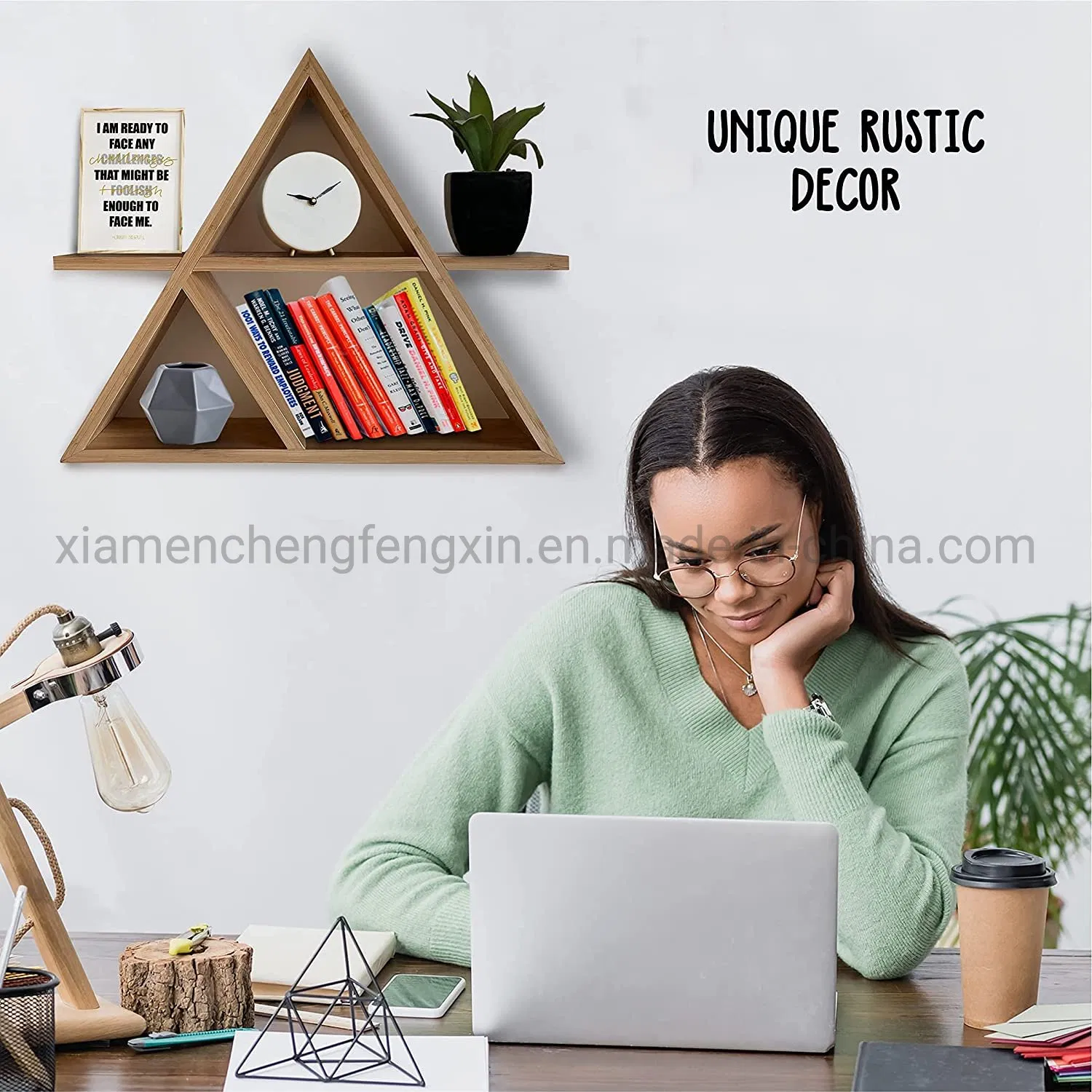 Spin Infinite Floating Triangle Shelf – Handmade Triangle Shelves for Bathroom, Bedroom, Living Room – Bamboo Wood Triangle Shelf