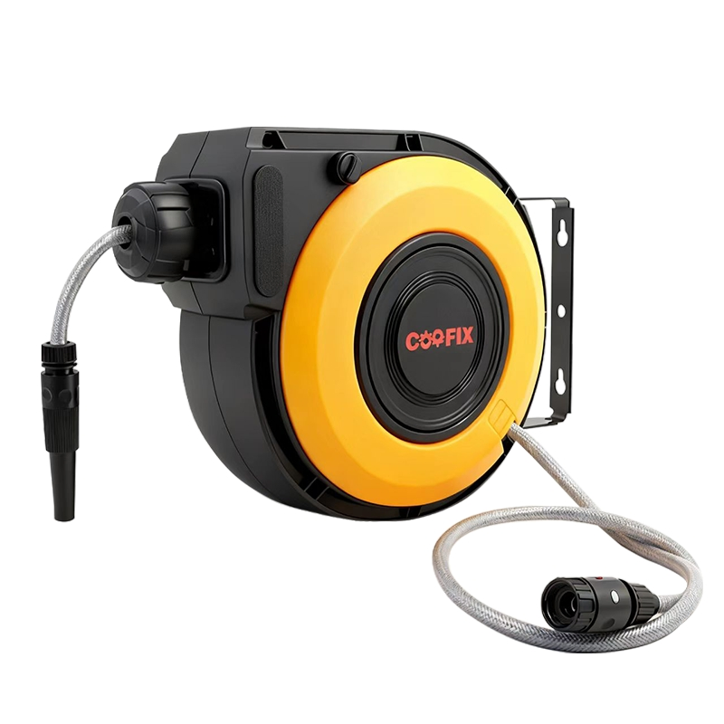 Retractable Garden Hose Reel - 1/2 Inch X 50FT Wall Mounted Hose Reel with 3/4 Inch Brass Fitting & 10 Function Sprayer Nozzle
