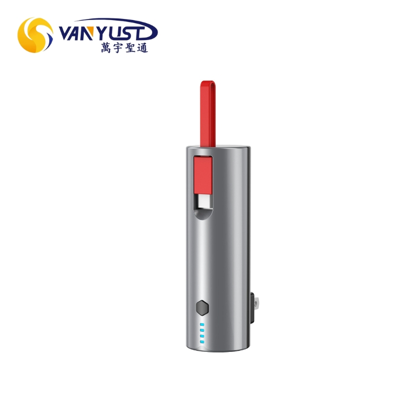 Pocket Size Mini 5000mAh 2 in 1 Wall Plug Portable Charger Pd 22.5W Fast Charging Power Bank with Built in Cable and Power Level Indicators Cylindric Design