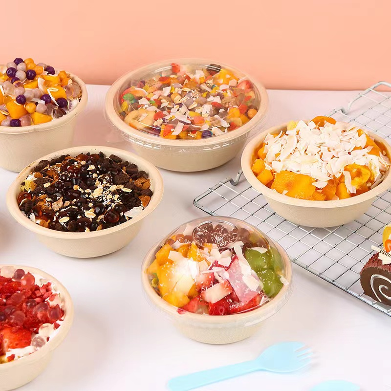 Eco Friendly Disposable Ice Cream Biodegradable Sugarcane Bagasse Compostable Paper Ramen Salad Food Bowl Salad Bowl Yogurt Bowl Fruit Bowl Soup Bowl with Lid