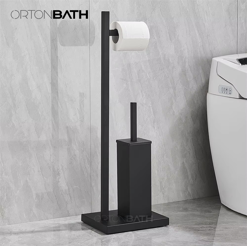 Ortonbath Black Floor Standing Stainless Steel Toilet Brush Holder Set Black Bathroom Toilet Paper Rack Toilet Paper Holder Tissue Holder with Toilet Brush