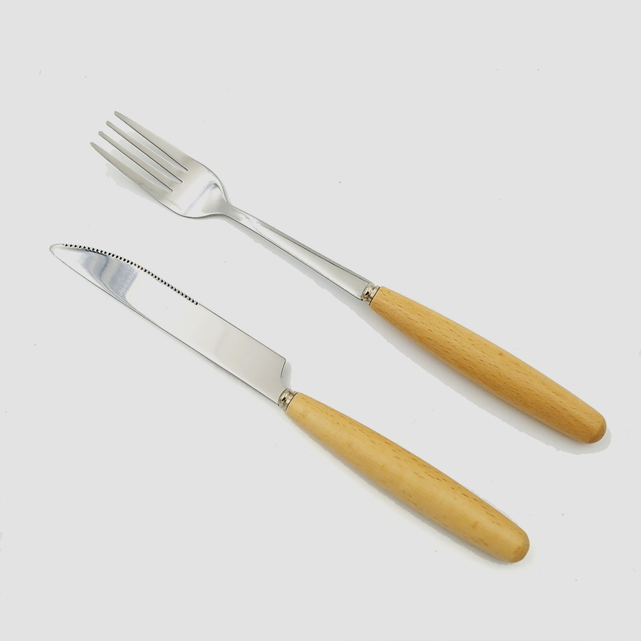 18 10 Stainless Steel Cutlery Set in Table Knife Fork with Wood Long Handle Flatware