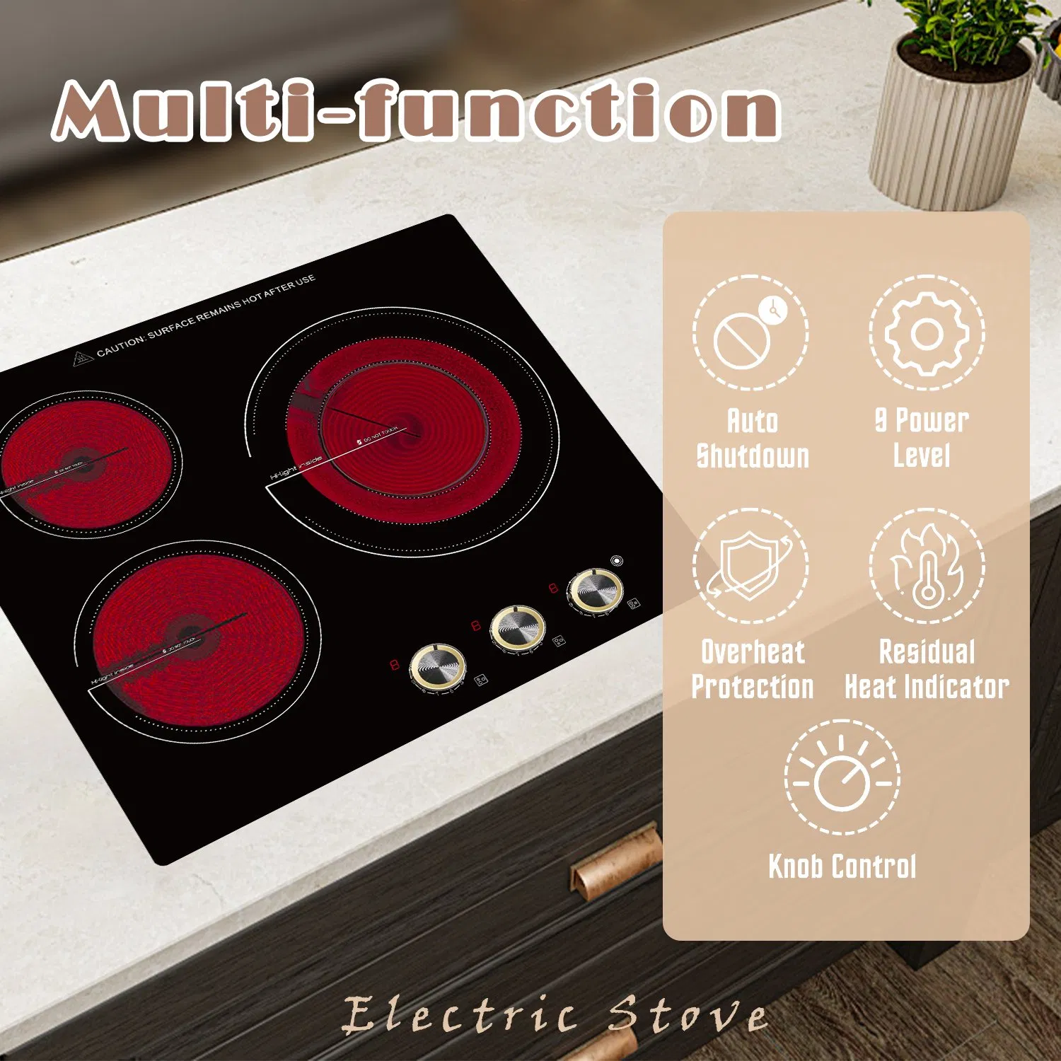 Electric Cooktop 24 Inch - 3 Burner Bulit-in Electric Ceramic Cooktop, Radiant Ceramic Stovetop with 9 Heating Level, 6000W 220-240V