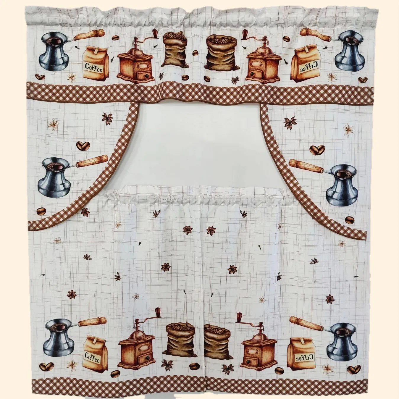 Coffee Beans by Hand and Grid Border Kitchen Curtain