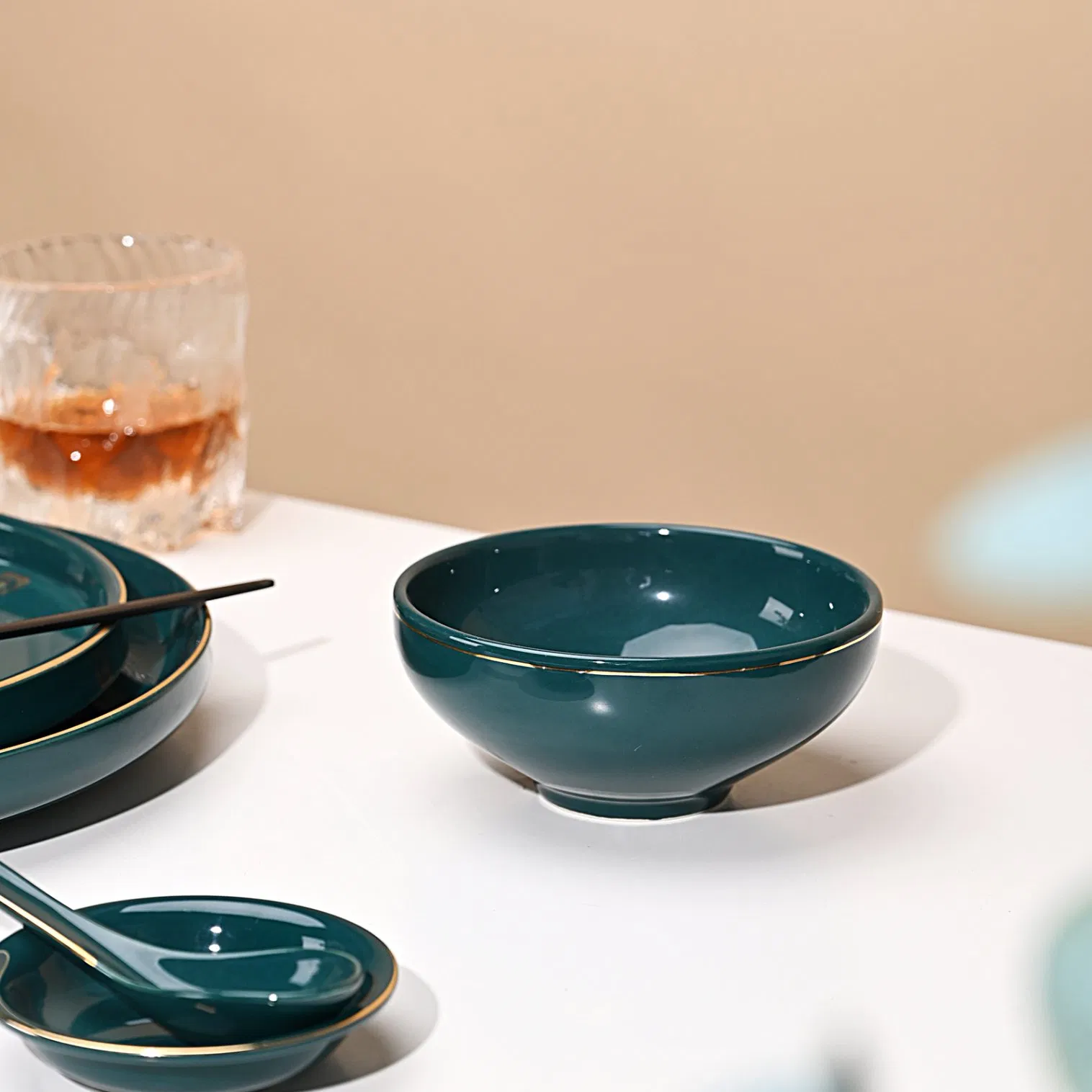 Creative Light Luxury Green Phnom Penh Minimalist Ceramic Dish Set Home Noodle Bowl Wholesale