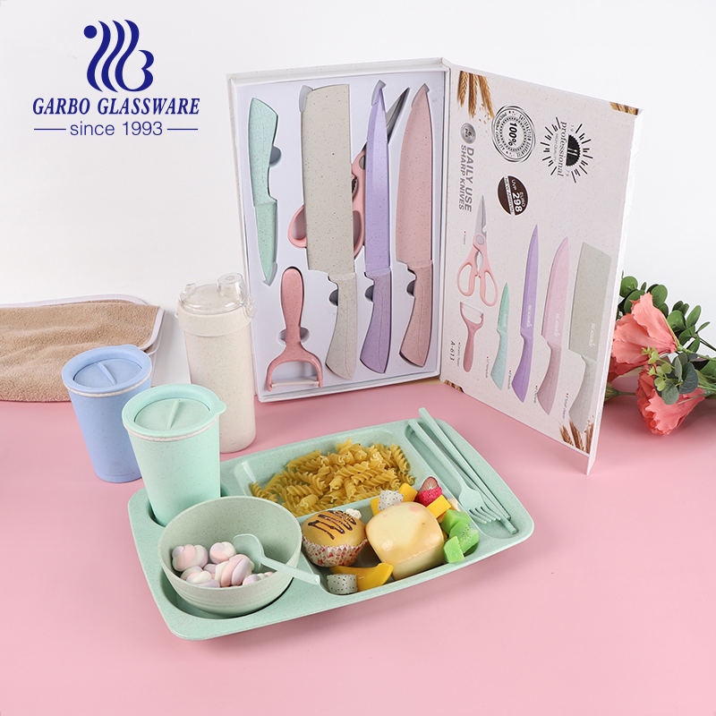 Wholesale Restaurant Plastic Cheap Colored Wheat Straw 5PCS Dinner Serving Set