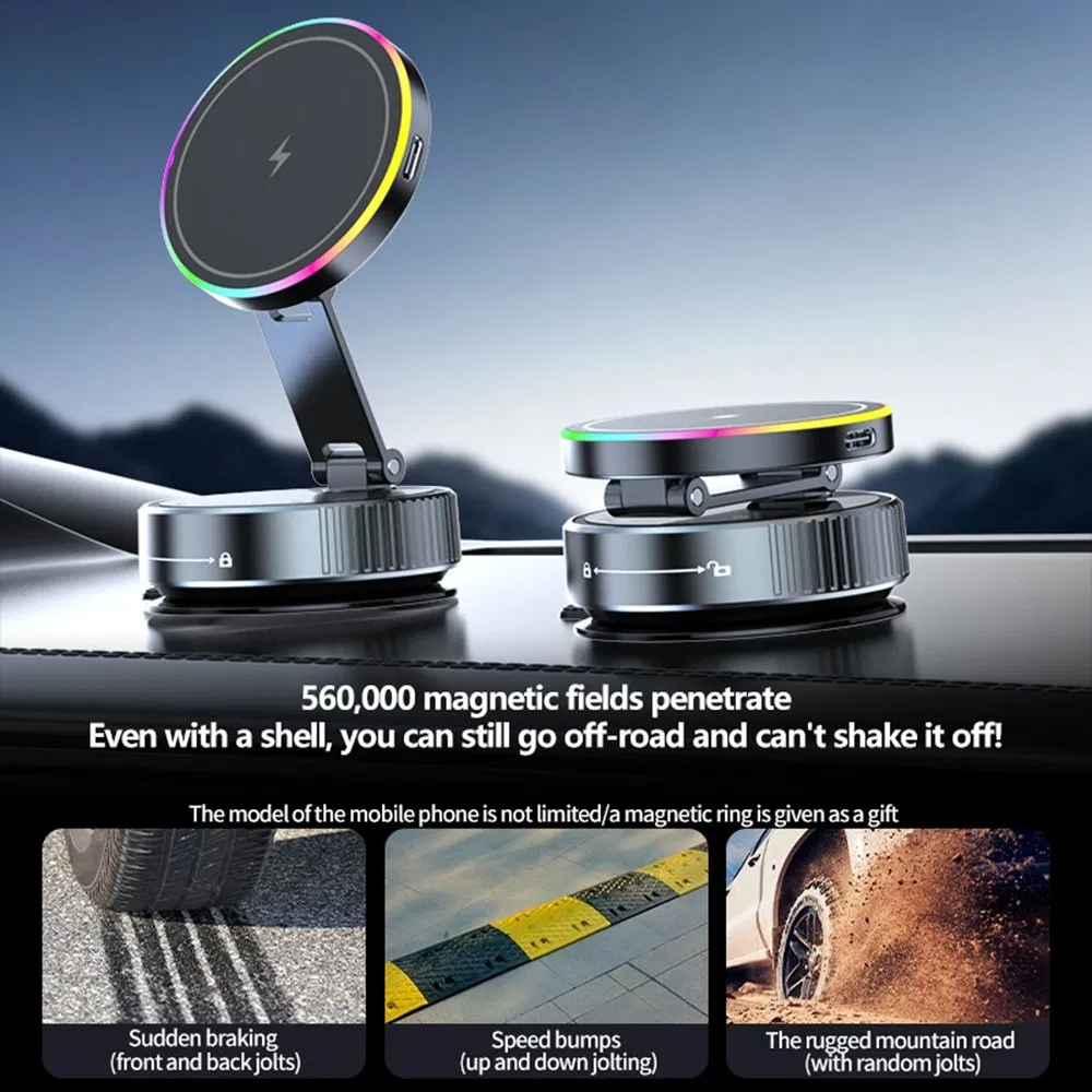 K3 Rotating Magnetic Car Phone Holder Wireless Charger Vacuum Sucker Desktop Stand with Colorful Light