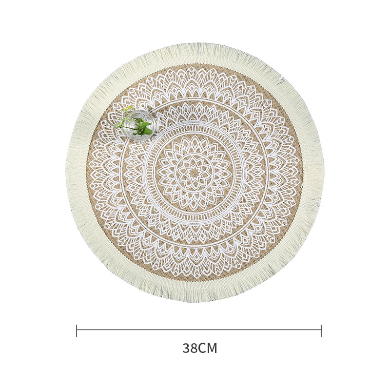 Fringed-Decorated Round Placemat, Eco-Friendly Natural-Colored Jute Vintage Screen Printing Pad