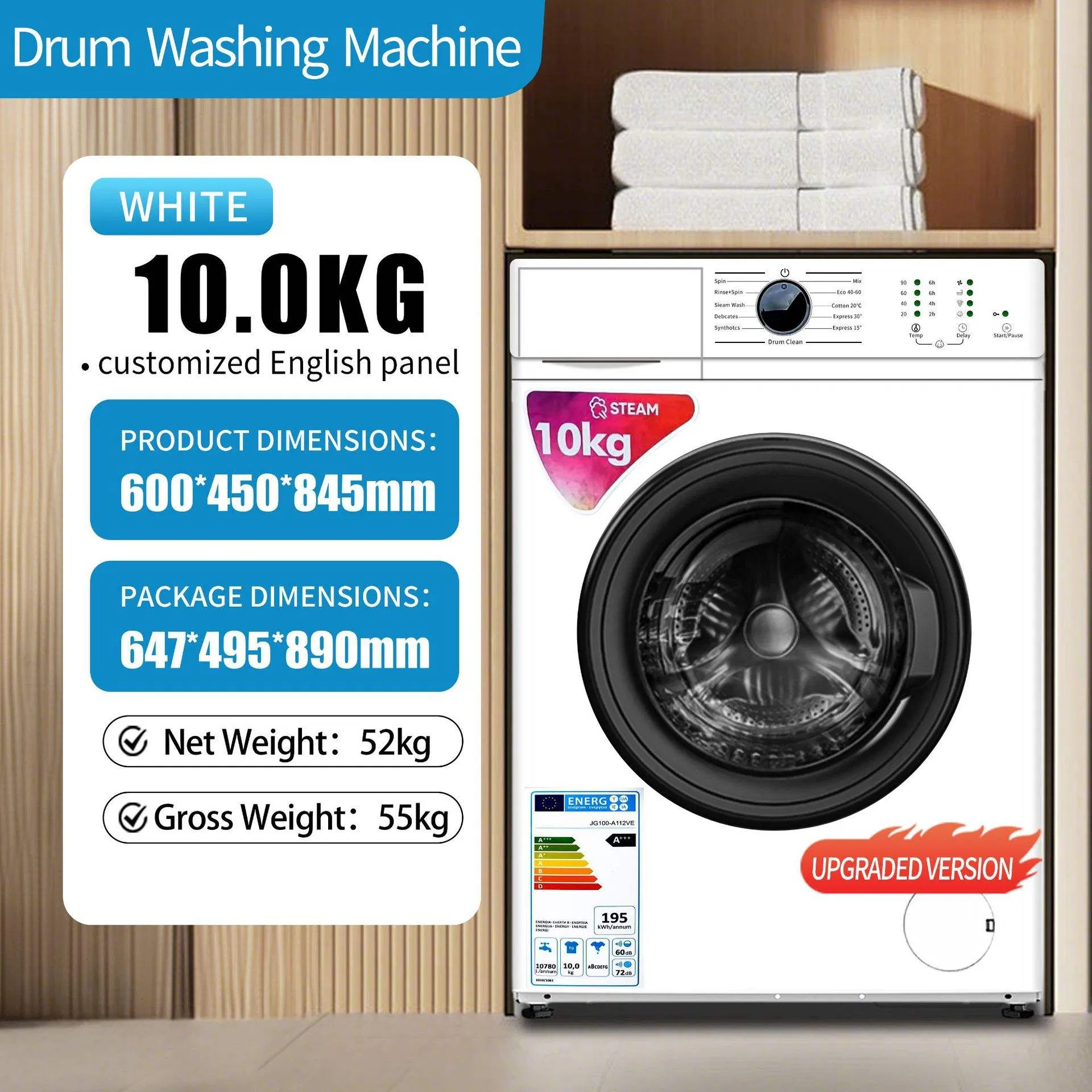 8kg 10kg BLDC Inverter Stainless Steel Front Load Fully Automatic Washing Machine