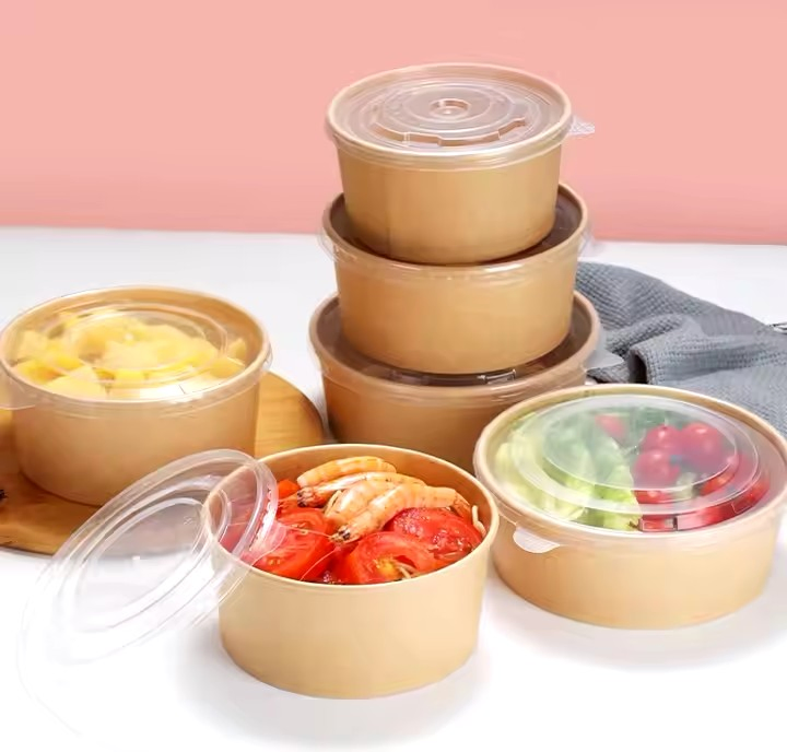 Ecofriendly Disposable Custom Logo Printing Kraft Paper Bowl with Paper PP Lid Factory Manufacturer