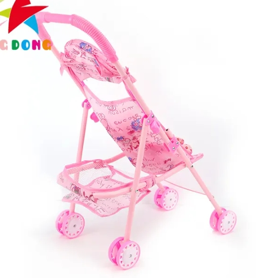 Hot Selling Girl Pretend Play Mini Pink Trolley Iron Frame Dolls Cart Toy Set Doll with Stroller