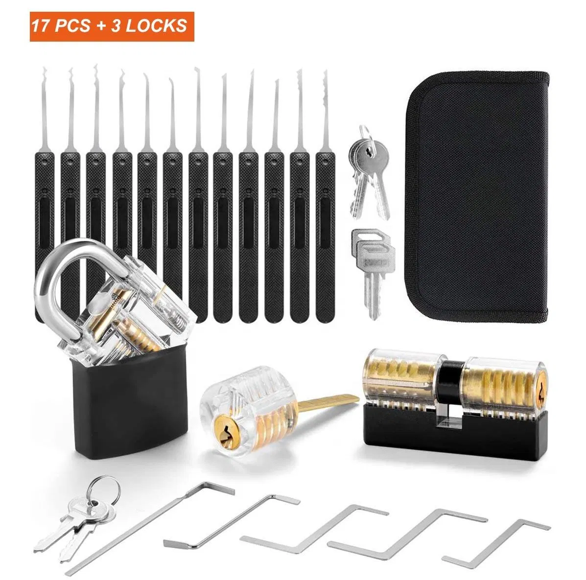 Stainless Steel 17 Tools 3 Locks 3 Protective Cover Lock Pick Training Set