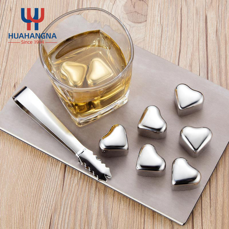 Reusable Heart Shaped Stainless Steel Ice Cube Whiskey Stones Set with Tongs