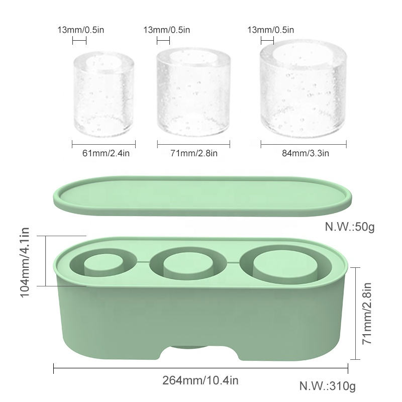 Easy Release Ice Cube Tray for Tumbler Cup Reusable 3 Cavity Silicone Cylinder Ice Mold with Lid for Freezer
