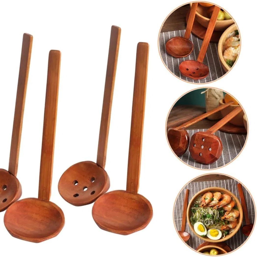 Dark Brown Wooden Long Handled Slotted Spoon