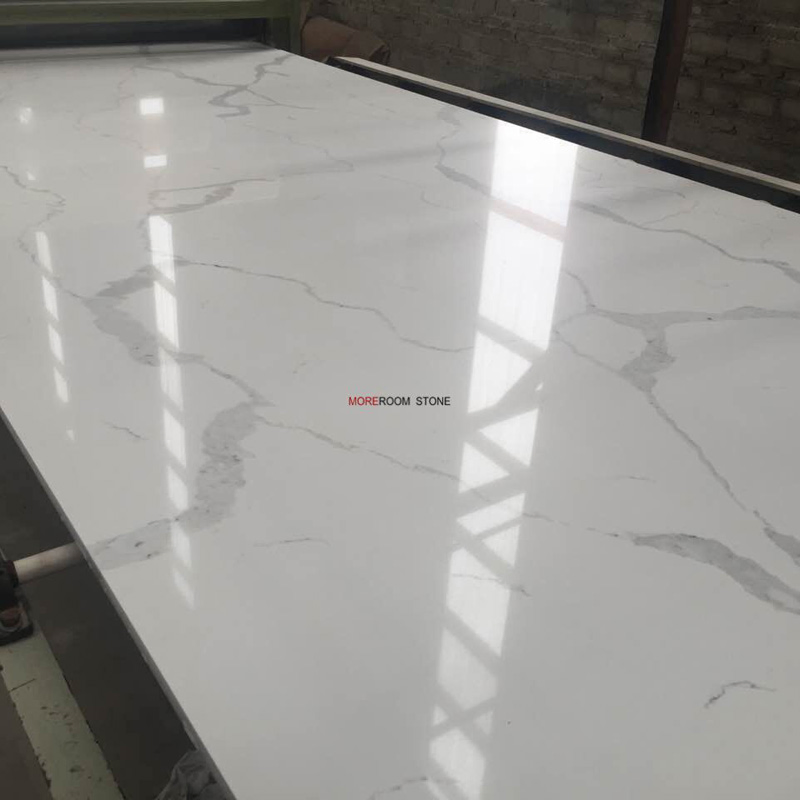 Foshan Kitchen Island Solid Surface Calacatta White Quartz Stone Work Top Slab