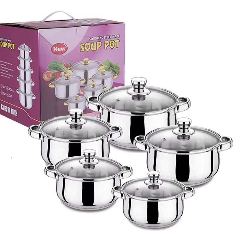 10PCS Stainless Steel Cookware Set with Hollow Handles (Milk Pot/Sauce Pan & Soup Pot) 16/18/20/22/24 Cm