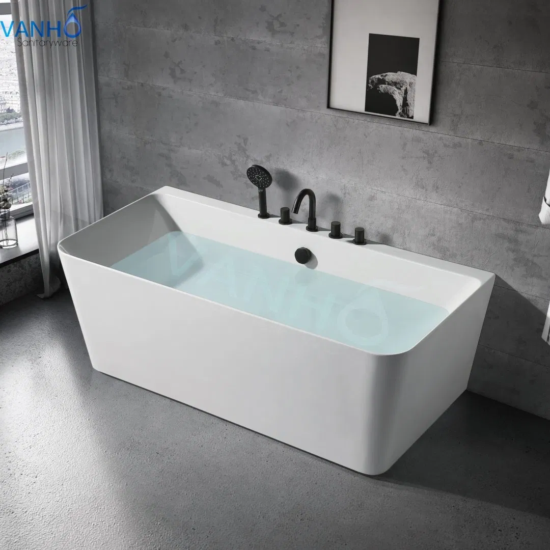 Ultra Thin Edge, Triple-Skirted, Acrylic Bathtub with Black Faucets, Drainer and Overflow