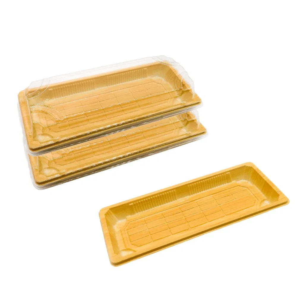 Manluen Food Grade Disposable Takeaway Plastic Boxes Sashimi Salmon Food Packaging Wooden Printing Sushi Container