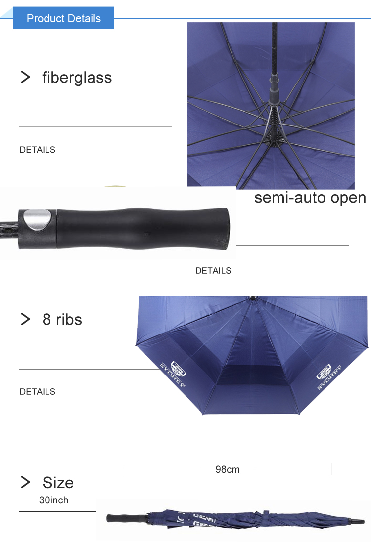Golf Umbrella with Double Layer Design Wind Proof Function Fiberglass Frame