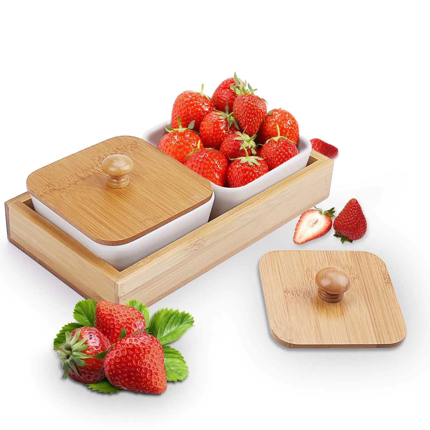 Food Server Set Tabletop Snack Serving Trays White Ceramic Relish Serving Bowl Set with Bamboo Lids & Bamboo Tray