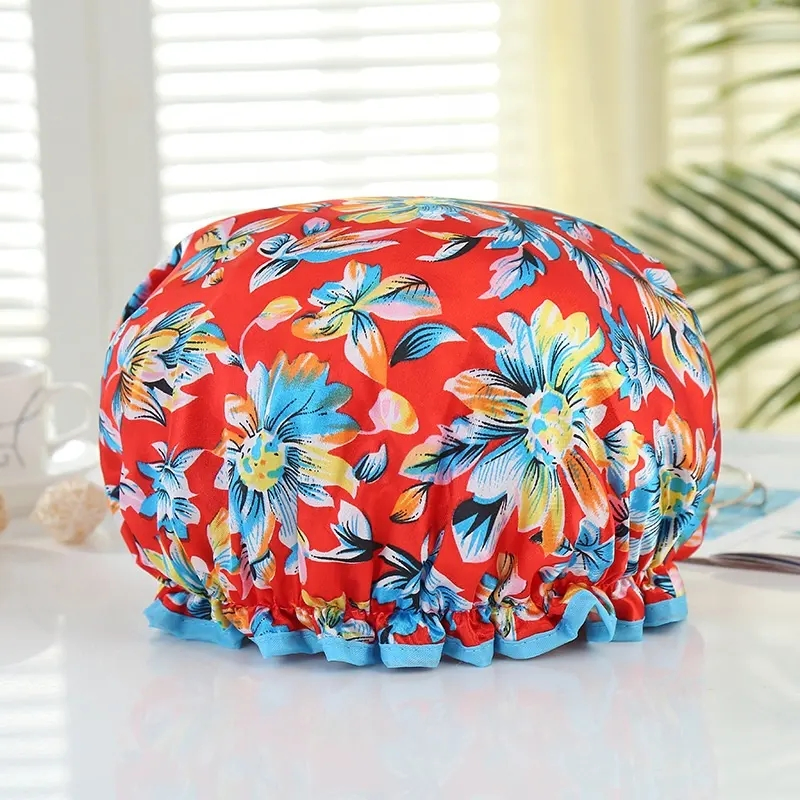Popular Red Flower Printing Big Size Double Layer Bath Shower Cap