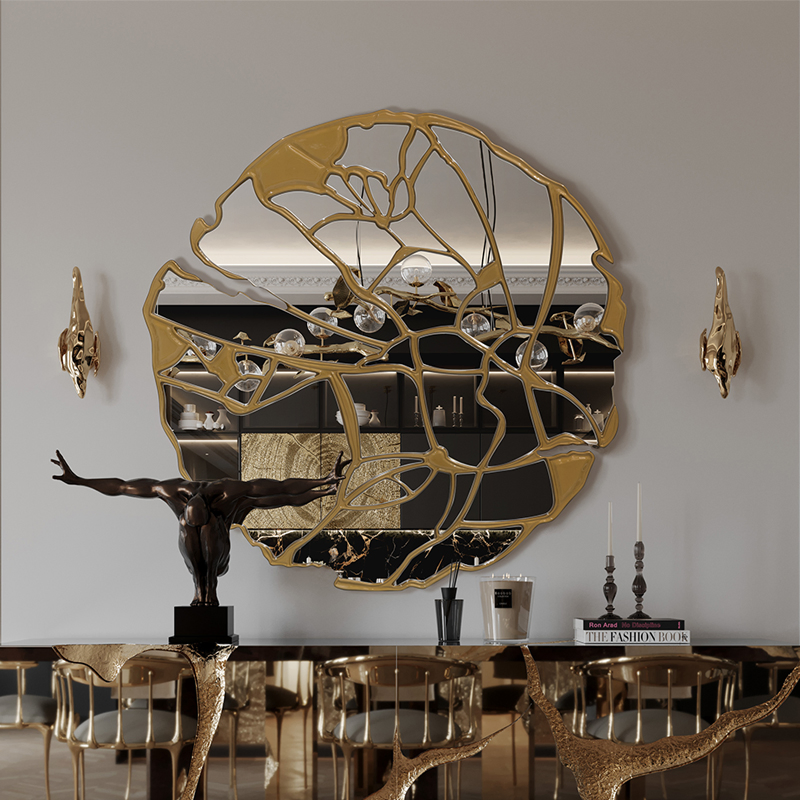 Modern Cracked Texture Gold Metal Round Mirror High-End Wall Decor