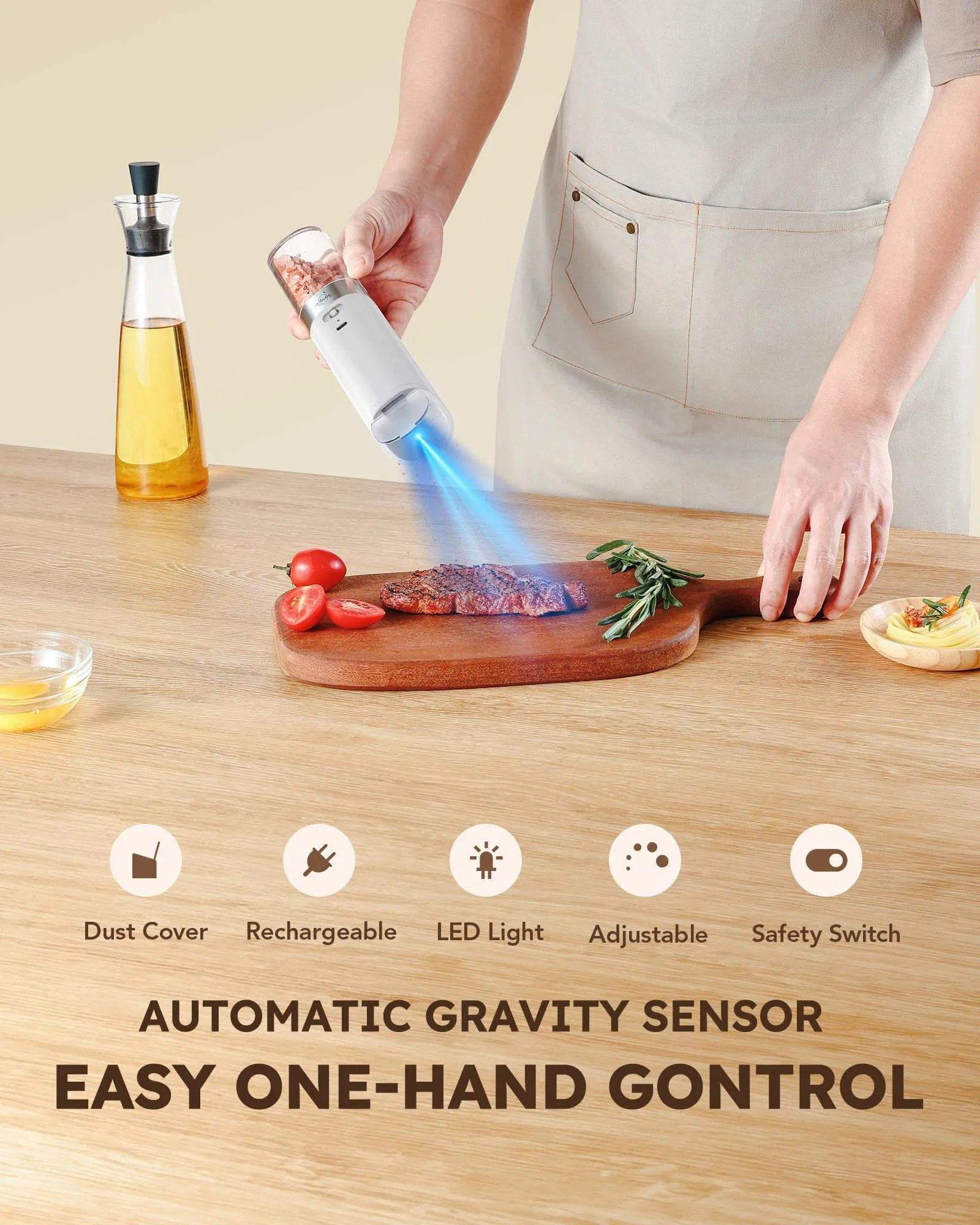 Electric Gravity Salt and Pepper Grinder Spice Jar Rechargeable Black Pepper Mill Grinder