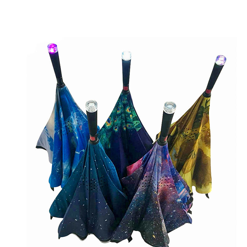 Reverse Umbrella - Upside Down Inverted Reversible Windproof in Fiberglass Ribs-One Button for Auto Open and Close with Flashlight at Bottom