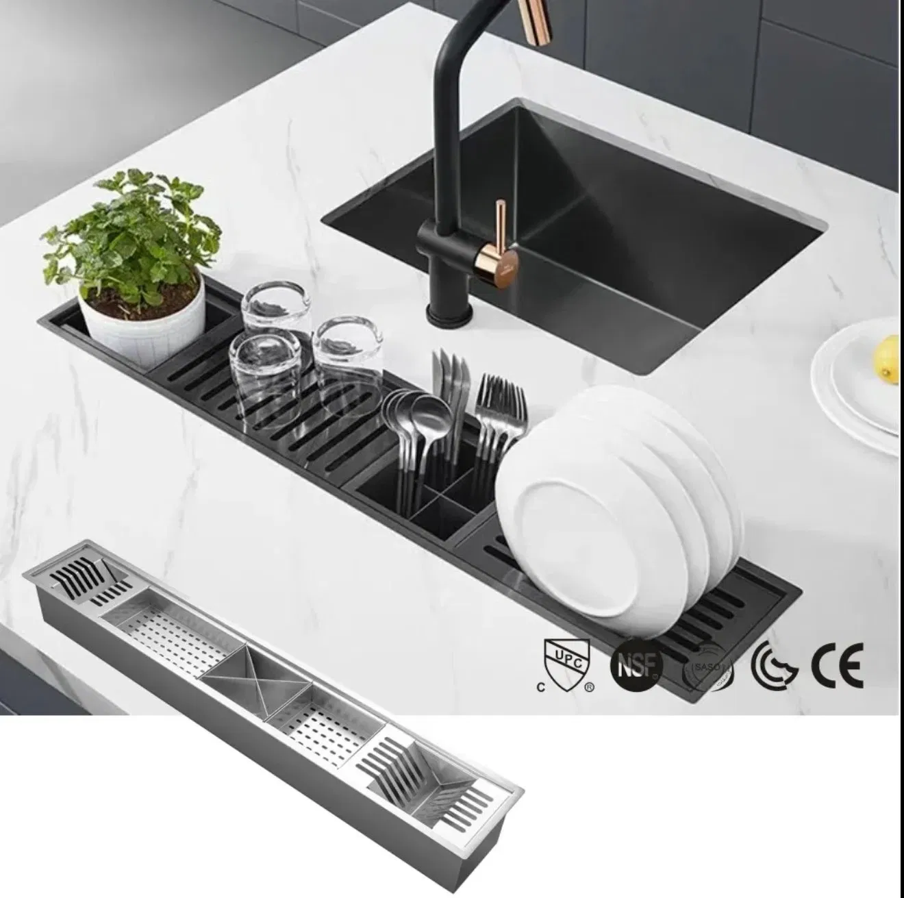 Stainless Steel Customized Kitchen Sink Dish Rack & Knife Rack with Drainboard Restaurant Kitchen Sink