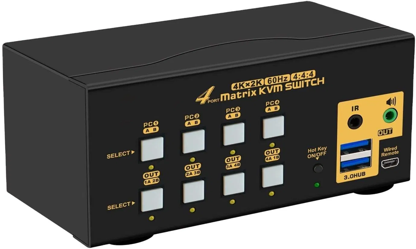 Custom 4X2 Matrix VGA DVI Display Port Kvm Switch USB 3.0 4K 60Hz, PC Keyboard Mouse Peripherals Sharing Box for 4 Computers