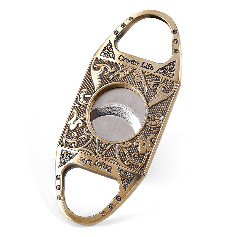 Embossed Cigar Cutter with Sharp Blade in Black, Bronze, and Antique Silver