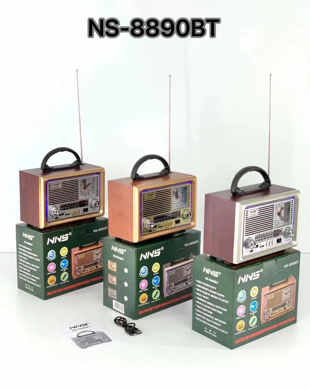 Ns-8890bt Wooden Retro Radio with FM/Sw, Portable Multifunctional Bluetooth Speaker with Clock