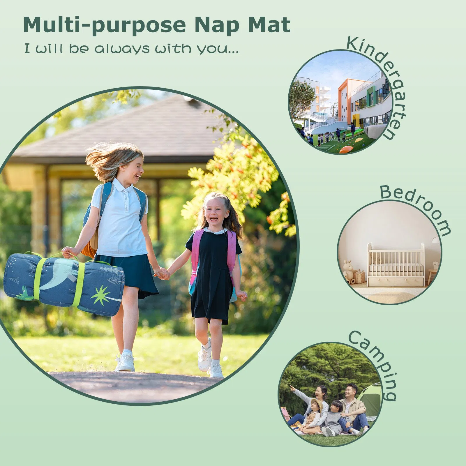 Rollup Design Kid Sleeping Mat with Removable Pillow & Minky Blanket