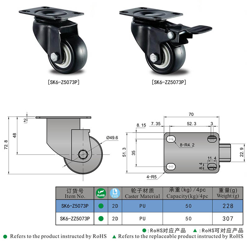 Black Caster Wheel with Break and Without Break for Movable Table, Cabinet