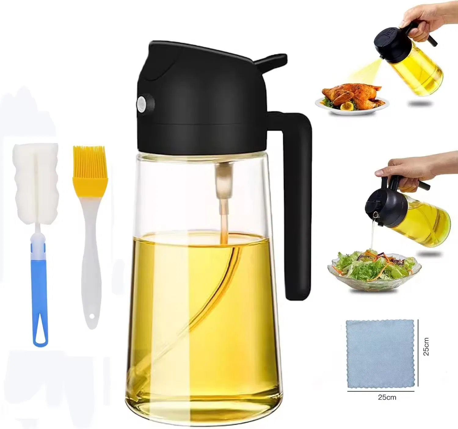 Premium 2-in-1 Round Glass Oil Spray Bottle Kitchen Cooking Mist Dispenser Bottle with Silicone Brush for Olive Oil Serving