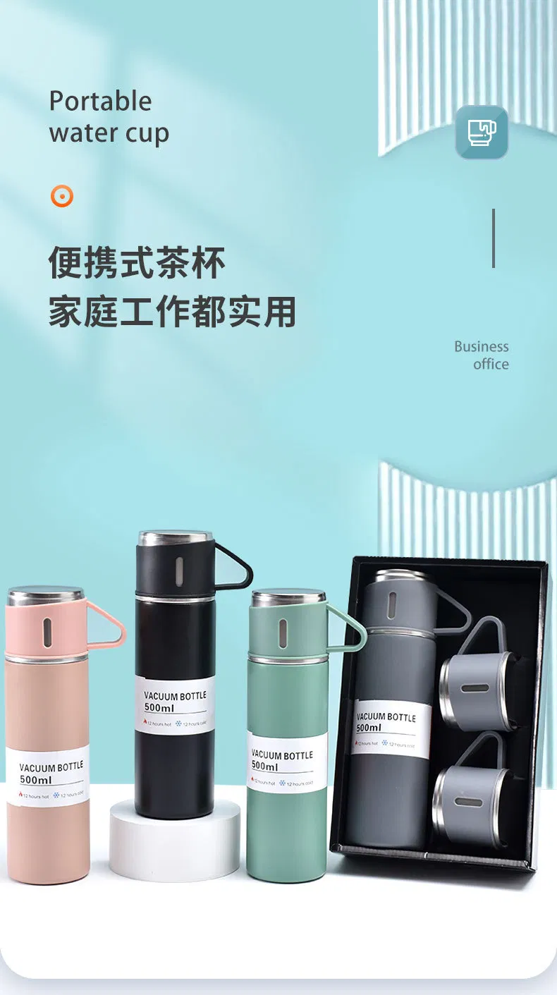 Vacuum Insulated Bottle Stainless Steel Vacuum Bottle 3 Three Lids Cups 500ml Thermos Water Drink Bottle Stainless Steel Vacuum Bottle Gift Set Wholesale Price