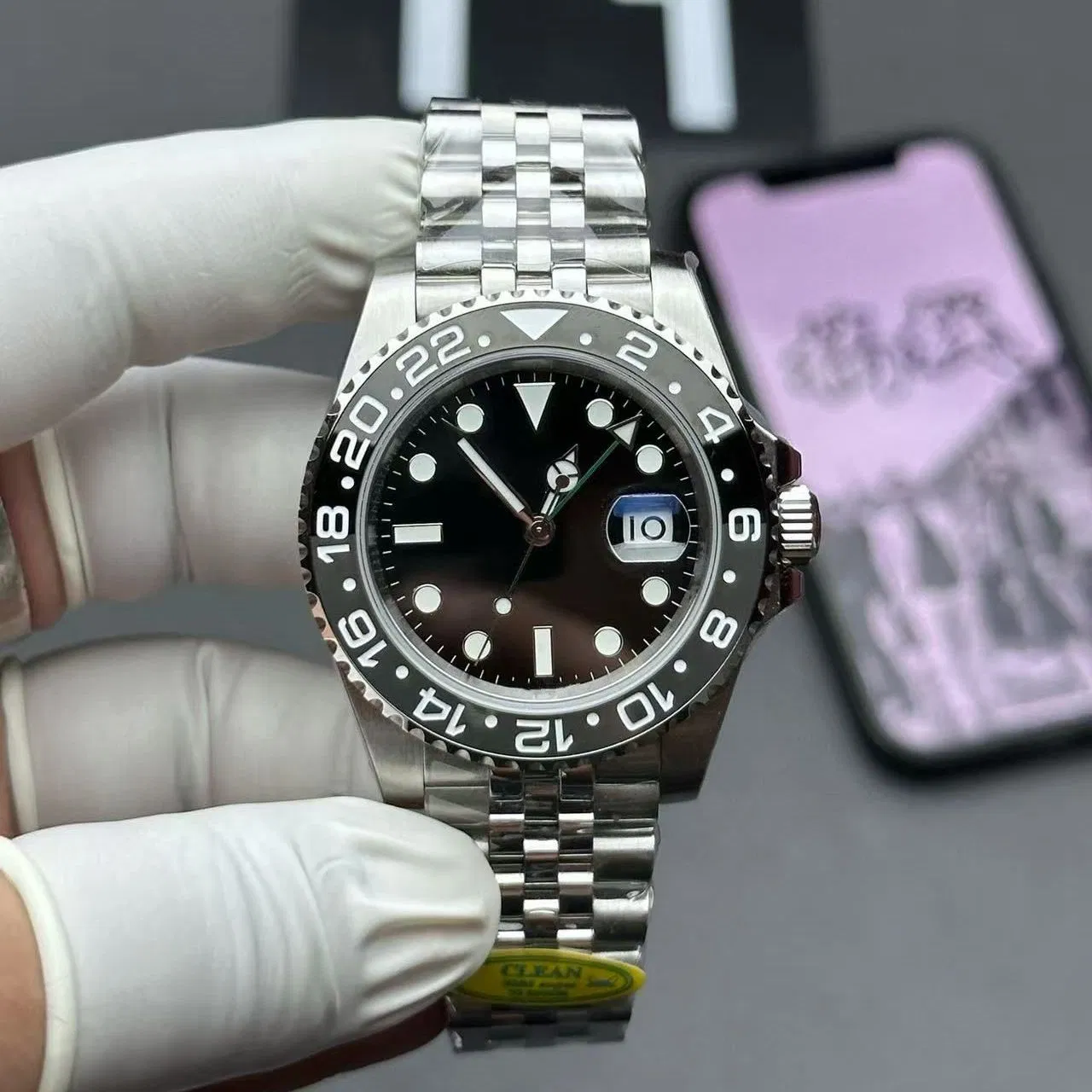 Top Designer Timezone Men's Automatic Sport Ceramic Bezel Stainless Steel Wristwatch