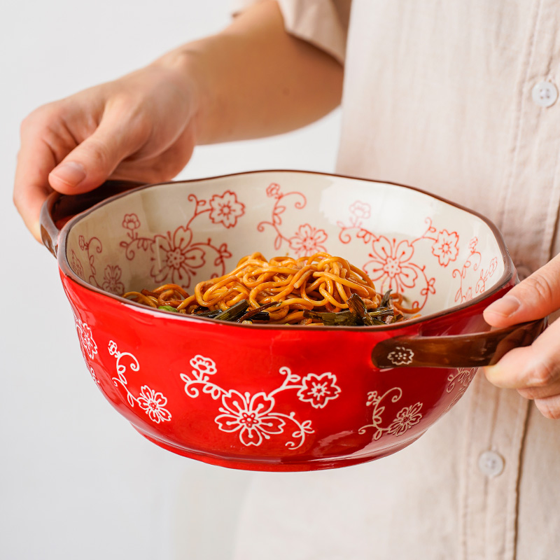 Hand Painted Ceramic Tableware Microwave Safe Ramen Soup Bowl with Double Ears