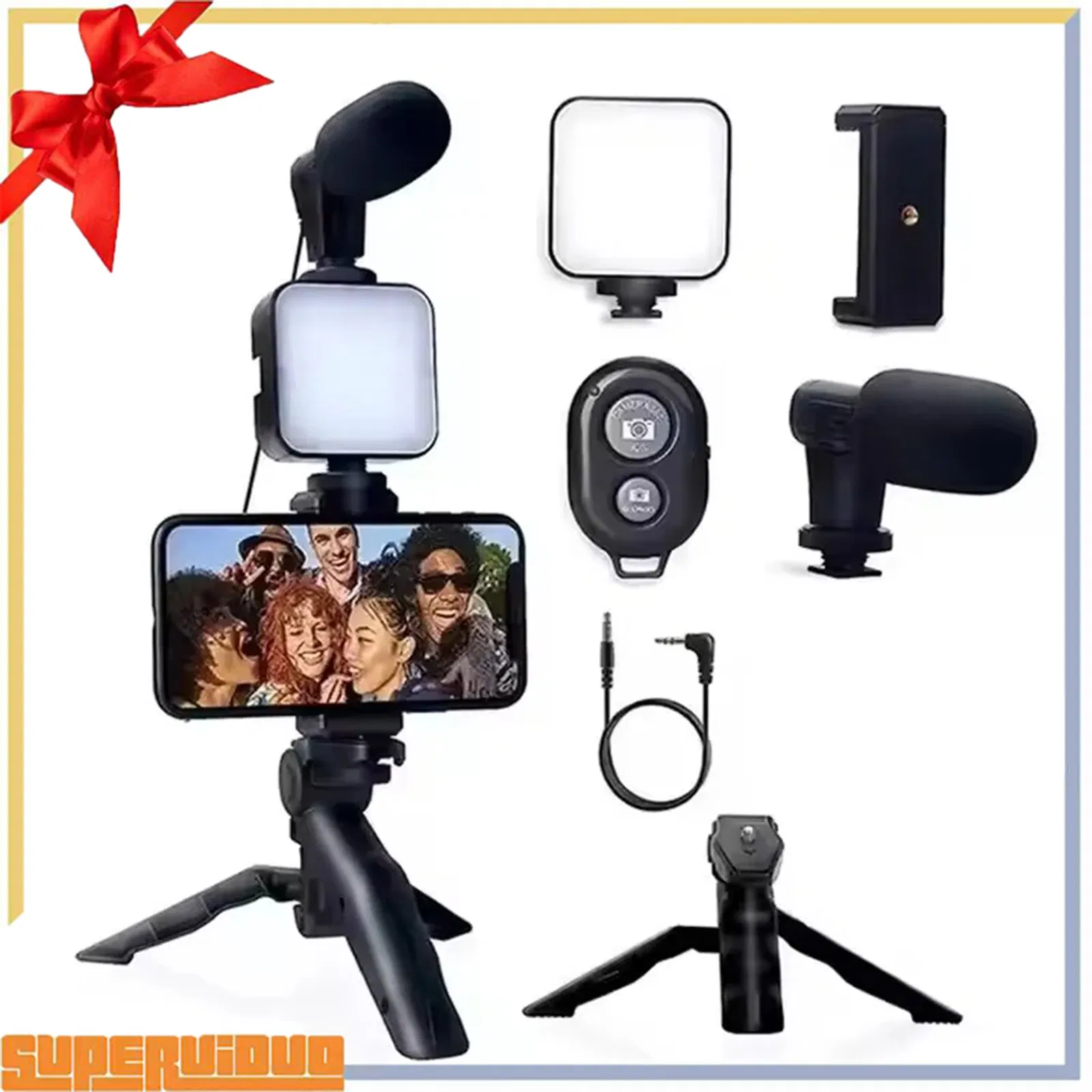 Mini Mobile Tripod Stand Vlogging Kit LED Fill Light Microphone Phone Holder for Live Streaming Video Camera Smartphone Selfie Stick with Remote