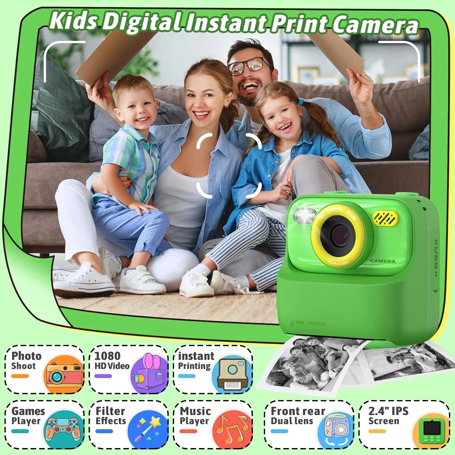 Детская камера P79 Instant Print с игрой, 1080P, зелёная