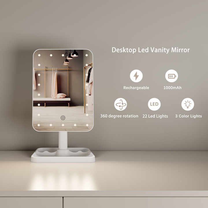 3 Color Lighting Brightness Adjustable Portable Table Lighted Vanity Beauty Make up Cosmetic Mirror with LED Lights