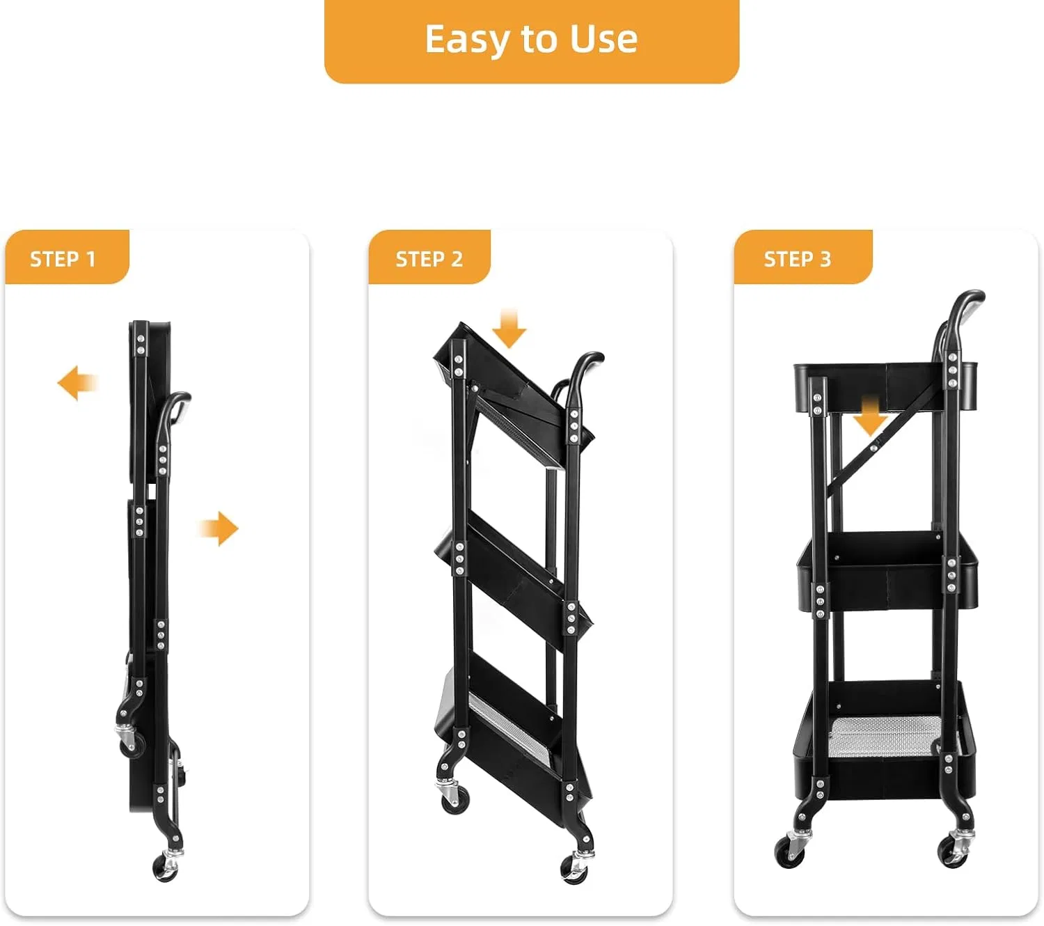 3-Layer Foldable Rolling Cart with Wheels, Foldable Multi-Function Storage Rack, Black, Factory Price