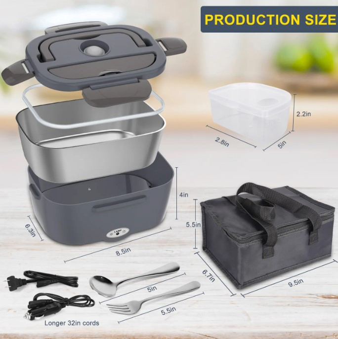 Electric Lunch Box for Adults, 80W Heated Lunch Box, 12V/24V/110V 1.5L Stainless Steel Portable Food Warmer Lunchbox