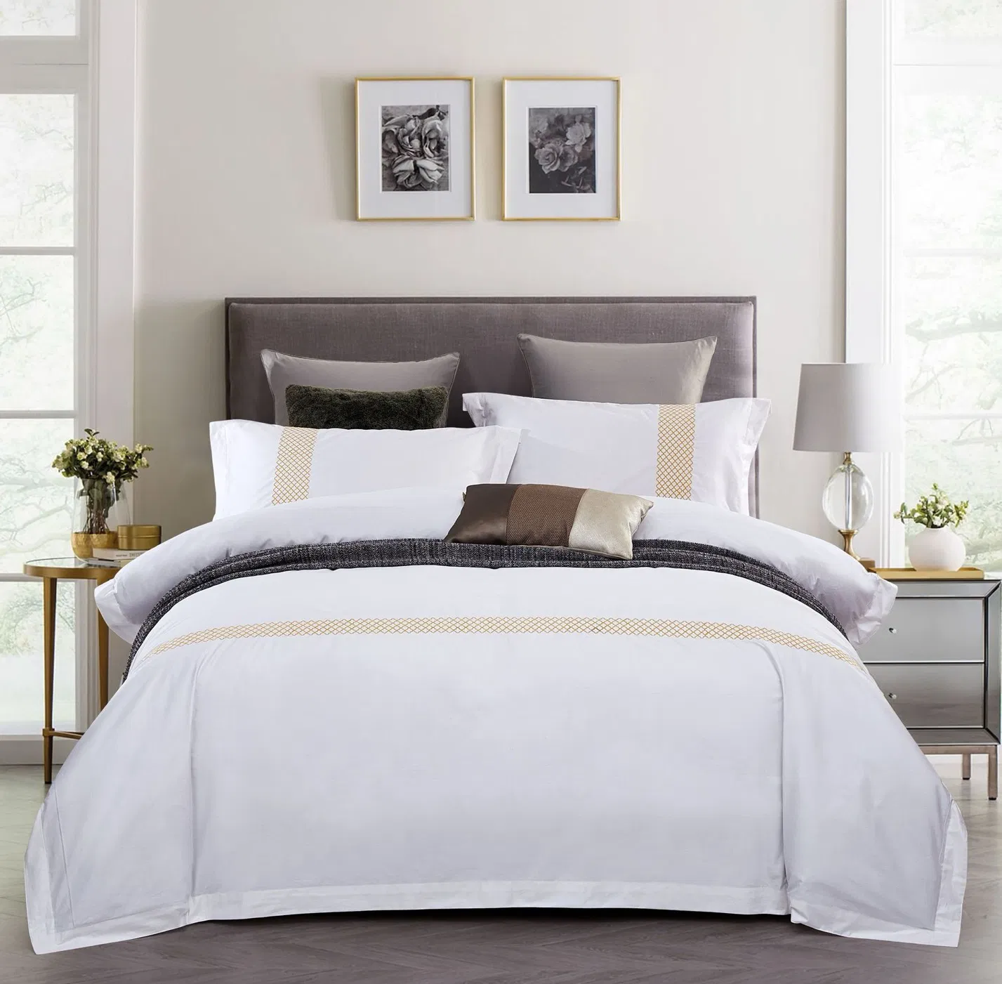 OEM/ODM Textile 5 Star Hotel Luxury Bedding Set White Pillowcases Colored Embroidery 100%Cotton Sheet Hotel Bed Linen Flat Sheet Wholesale Bedding
